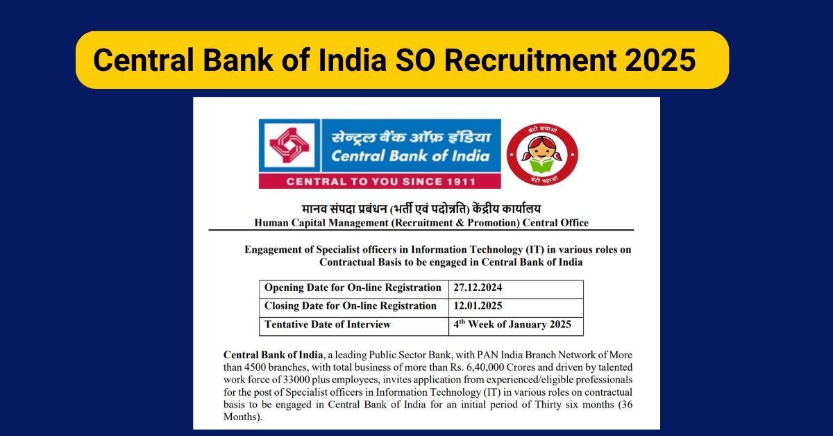 Central Bank of India SO Recruitment 2025 Apply Now for 62 IT Officer