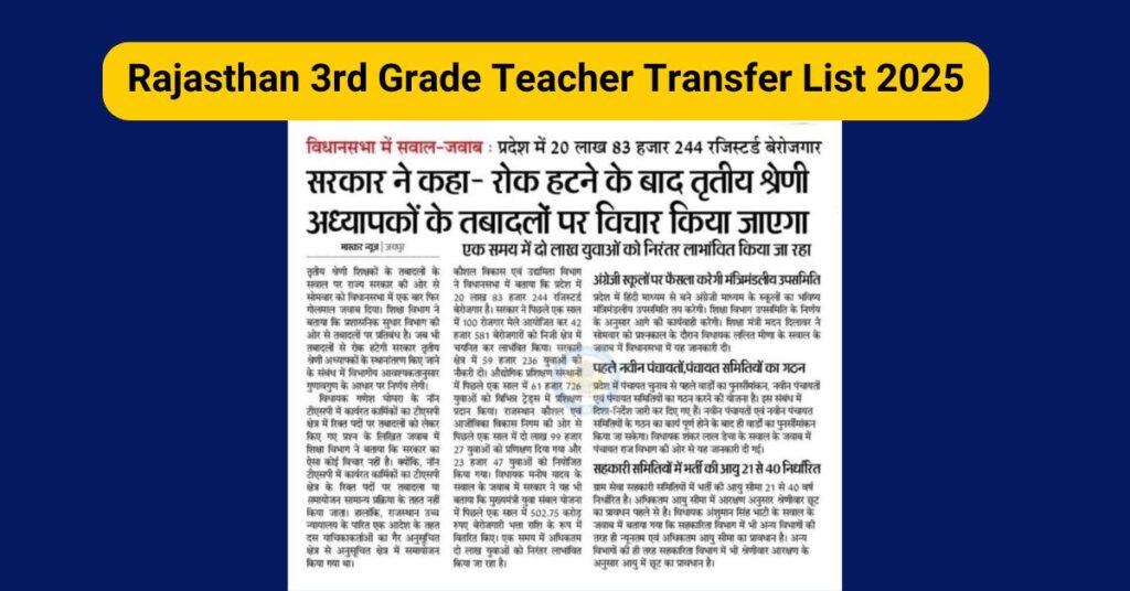 Rajasthan 3rd Grade Teacher Transfer List 2025